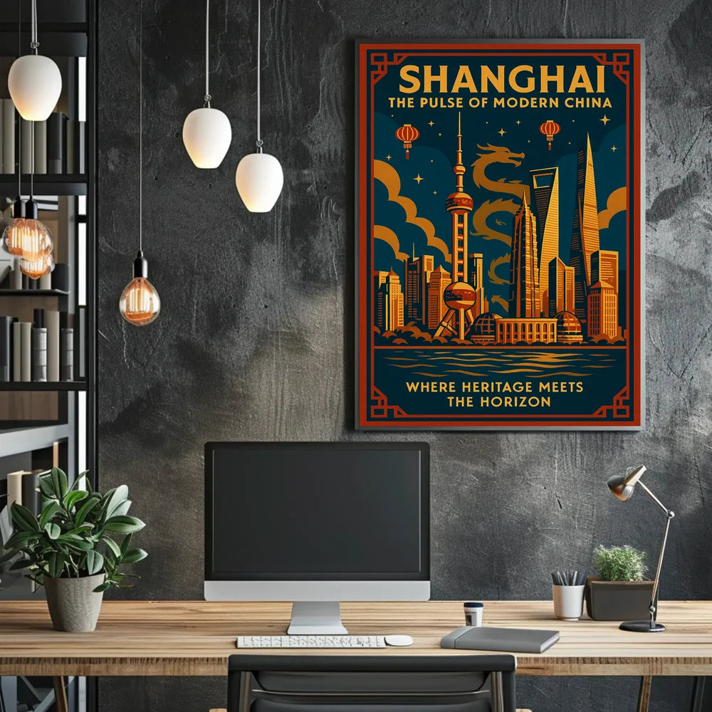 Vibrant Shanghai Cityscape with Dragon Mythology Urban Poster PosterGoat
