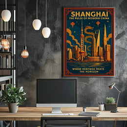 Vibrant Shanghai Cityscape with Dragon Mythology Urban Poster PosterGoat