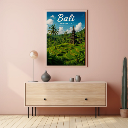 Bali Indonesia Rice Fields Temple Travel Poster