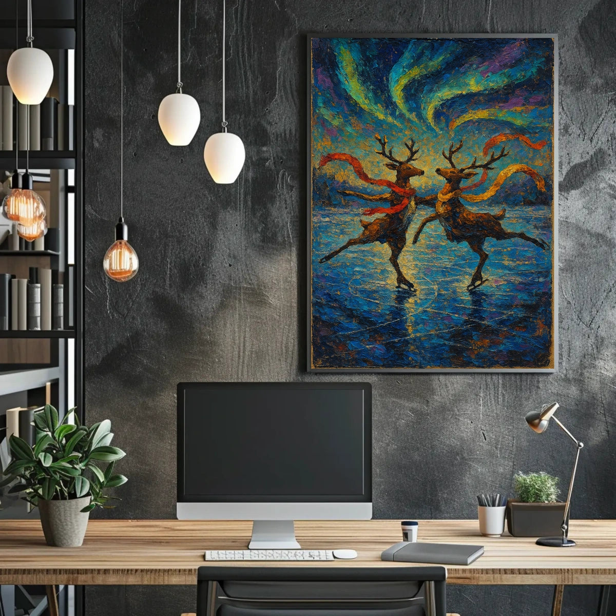 Vibrant Reindeer Skating Aurora Borealis Artistic Poster