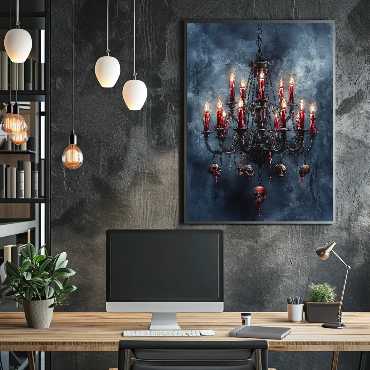 Gothic Chandelier with Skulls Abstract Poster