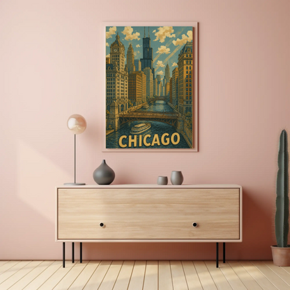 Chicago Willis Tower Bridge River Cityscape Travel Poster