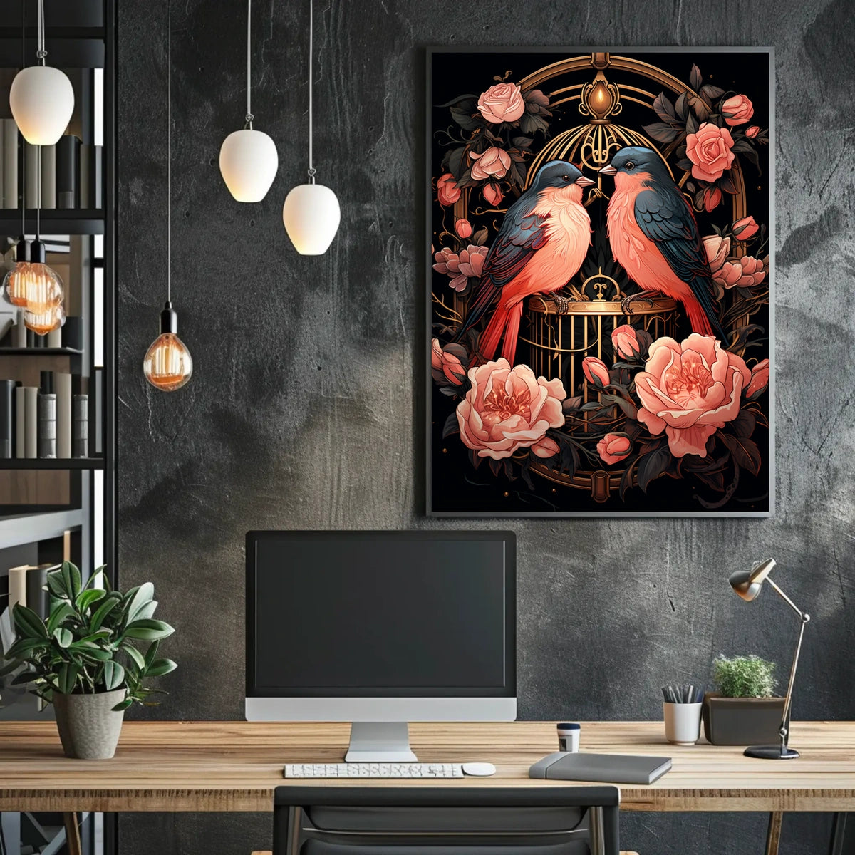 Enchanting Birds and Roses Vintage Art Poster