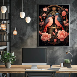 Enchanting Birds and Roses Vintage Art Poster