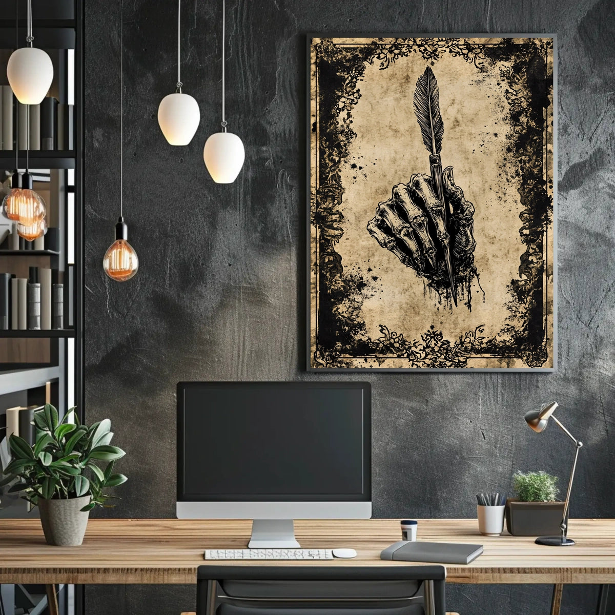 The poster features a skeletal hand gripping a quill pen, creating a strong Travel Poster