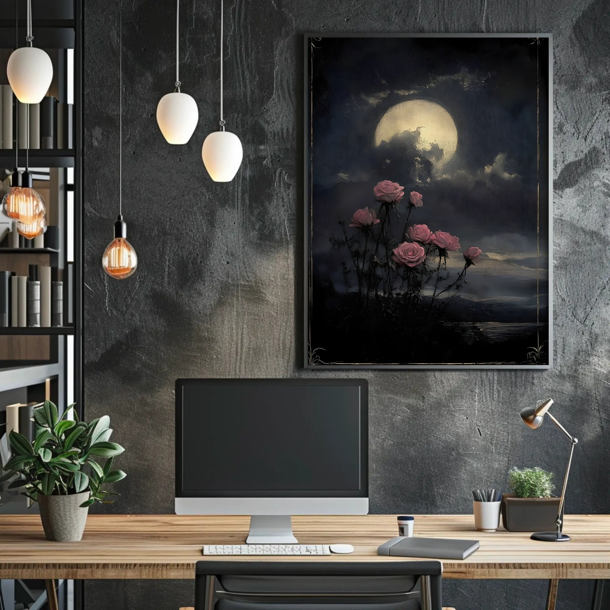 Moonlit Roses Under Night Sky: Space or Astronomy Poster PosterGoat