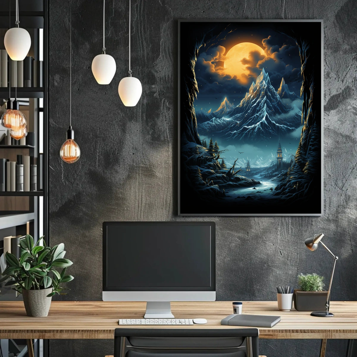 Fantastical Full Moon Mountain Landscape Futuristic Sci-Fi Poster
