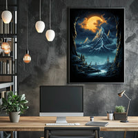 Fantastical Full Moon Mountain Landscape Futuristic Sci-Fi Poster