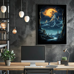 Fantastical Full Moon Mountain Landscape Futuristic Sci-Fi Poster