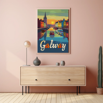 Sunset Reflections Galway Ireland Travel Poster