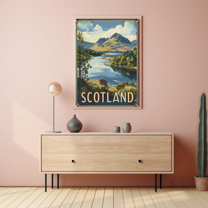 Scotland Highlands Lake and Mountains Travel Poster