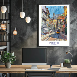 Porto Vibrant Cityscape Yellow Tram Urban Cityscape Poster PosterGoat