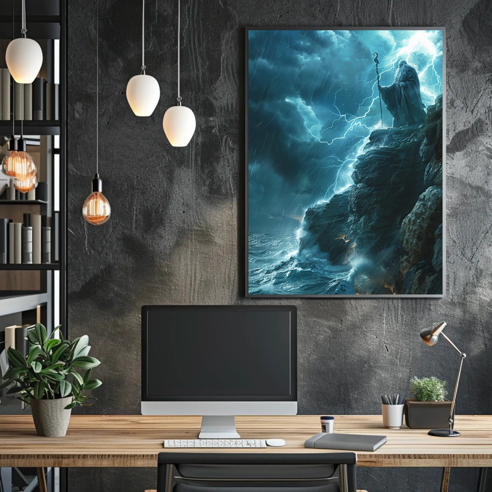 Mystical Storm Wizard Overlooking Ocean Fantasy or Mythology Poster PosterGoat