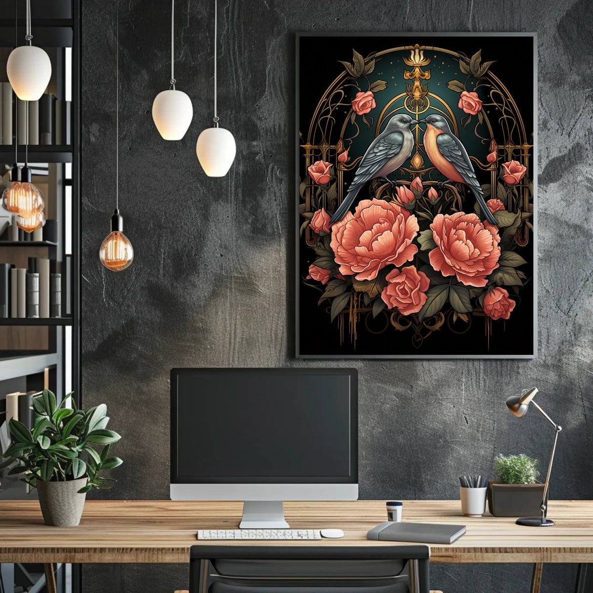 Art Nouveau Birds and Roses Vintage Poster