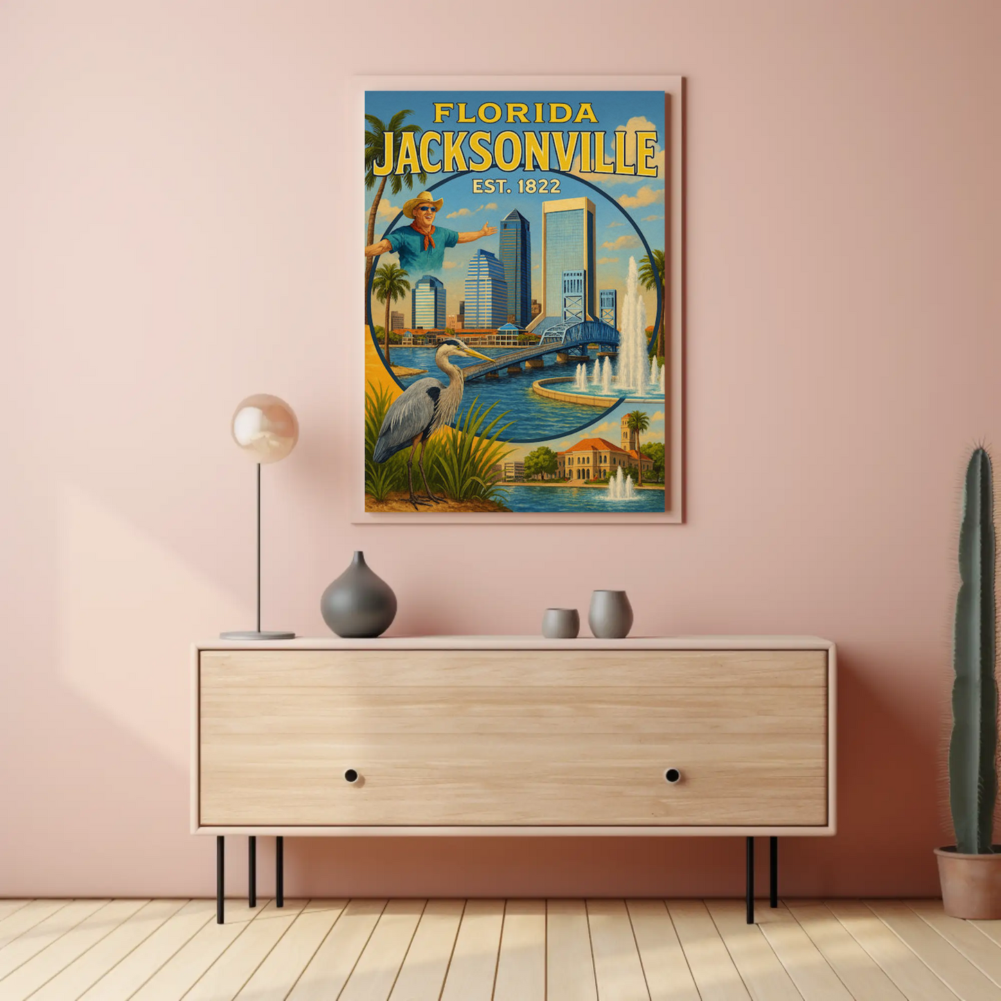 Jacksonville Florida Downtown Bridge Heron Fountains Travel Poster