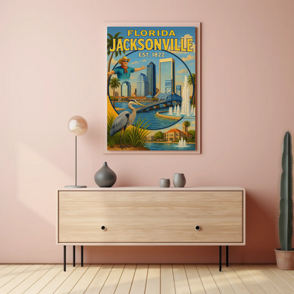 Jacksonville Florida Downtown Bridge Heron Fountains Travel Poster