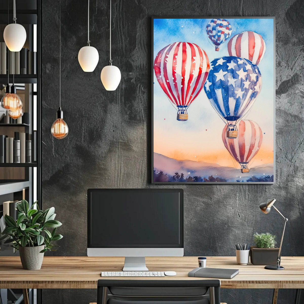 Watercolor Skyline Overhead Hot Air Balloon Festival Poster
