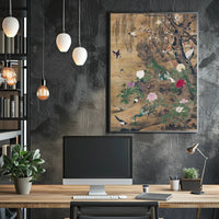 Serene Nature: Vibrant Peacocks and Blossoming Trees Poster