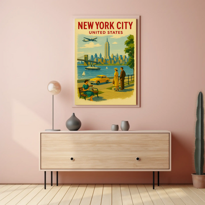 New York City 1950s Skyline Brooklyn Bridge Travel Poster