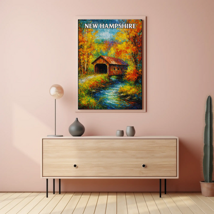 New Hampshire Autumn Covered Bridge Stream Poster Poster