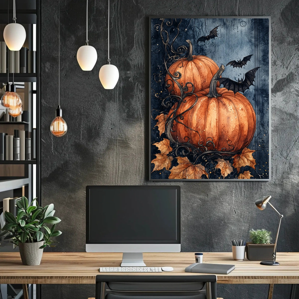 Stylized Halloween Pumpkins with Bats Decorative Art Poster