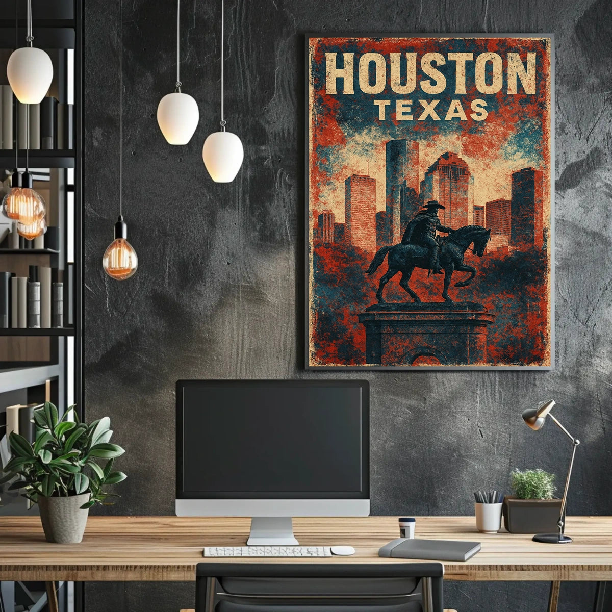Patriotic Houston Skyline Cowboy Vintage Cityscape Poster