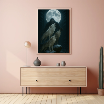 Bigfoot Howling Wolves Moonlit Forest Poster