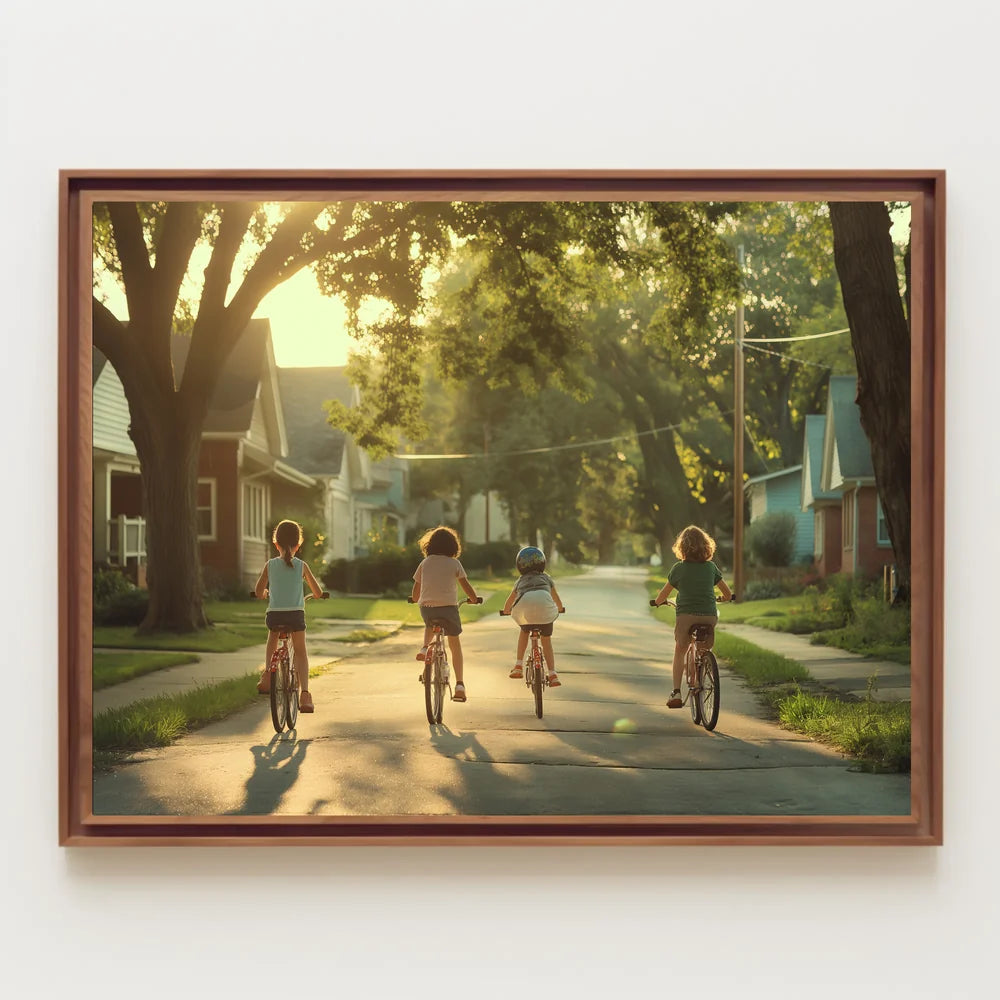 Nostalgic Suburban Sunset: Children's Bicycle Adventure