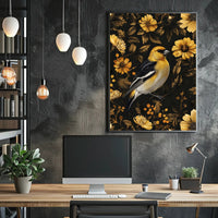 Elegant Yellow Bird Perched Among Flowers Animal Poster