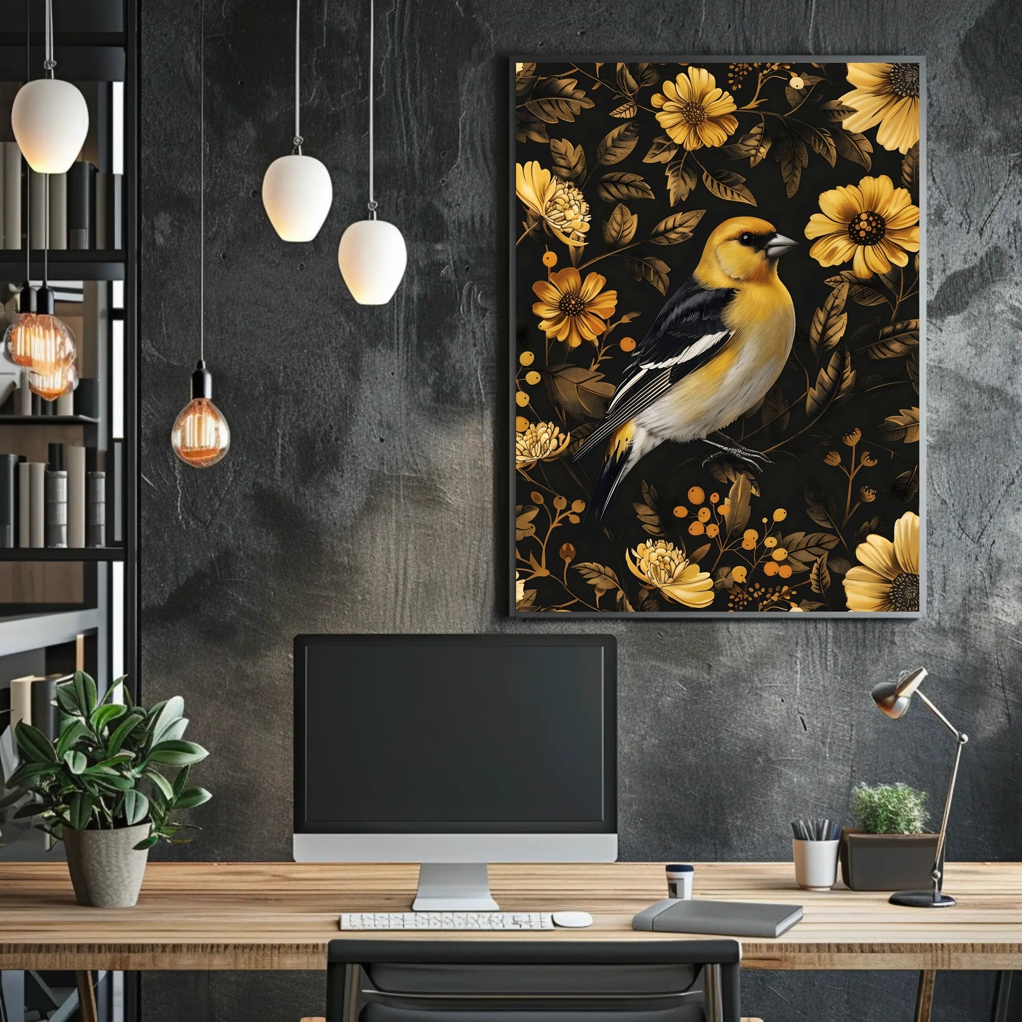 Elegant Yellow Bird Perched Among Flowers Animal Poster