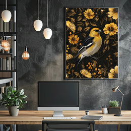 Elegant Yellow Bird Perched Among Flowers Animal Poster