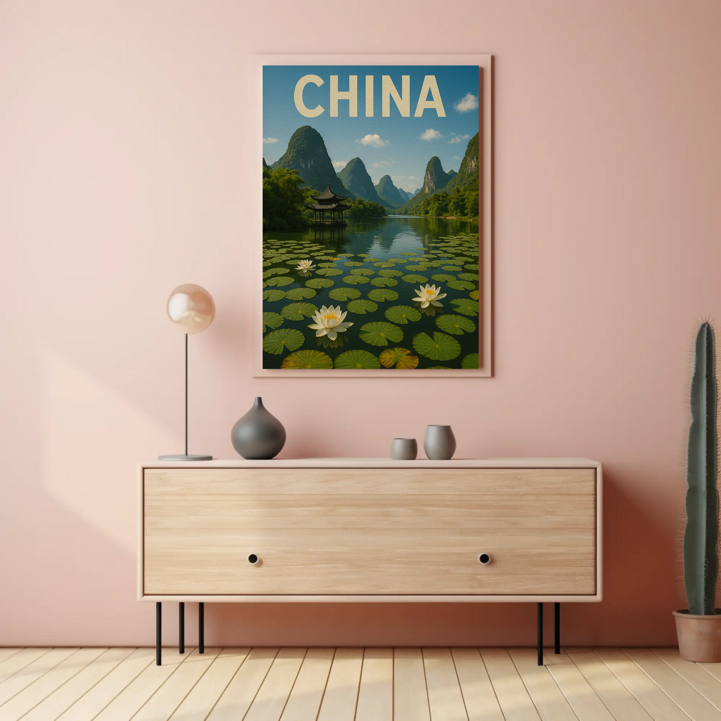 China Lotus Lake Mountains Pavilion Vintage Travel Poster