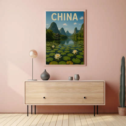 China Lotus Lake Mountains Pavilion Vintage Travel Poster