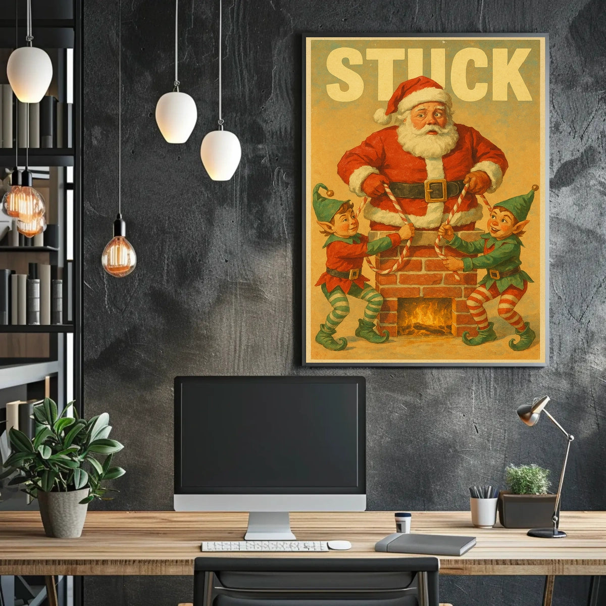 Santa Stuck in Chimney Christmas Poster Art