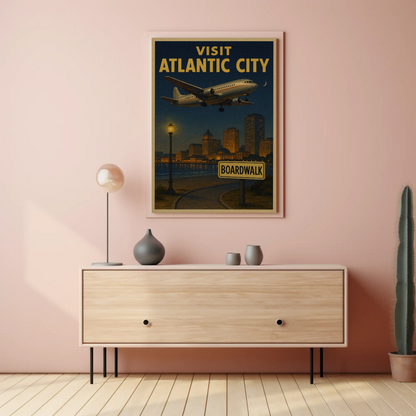 Visit Atlantic City Boardwalk Night Plane Arrival Travel Poster