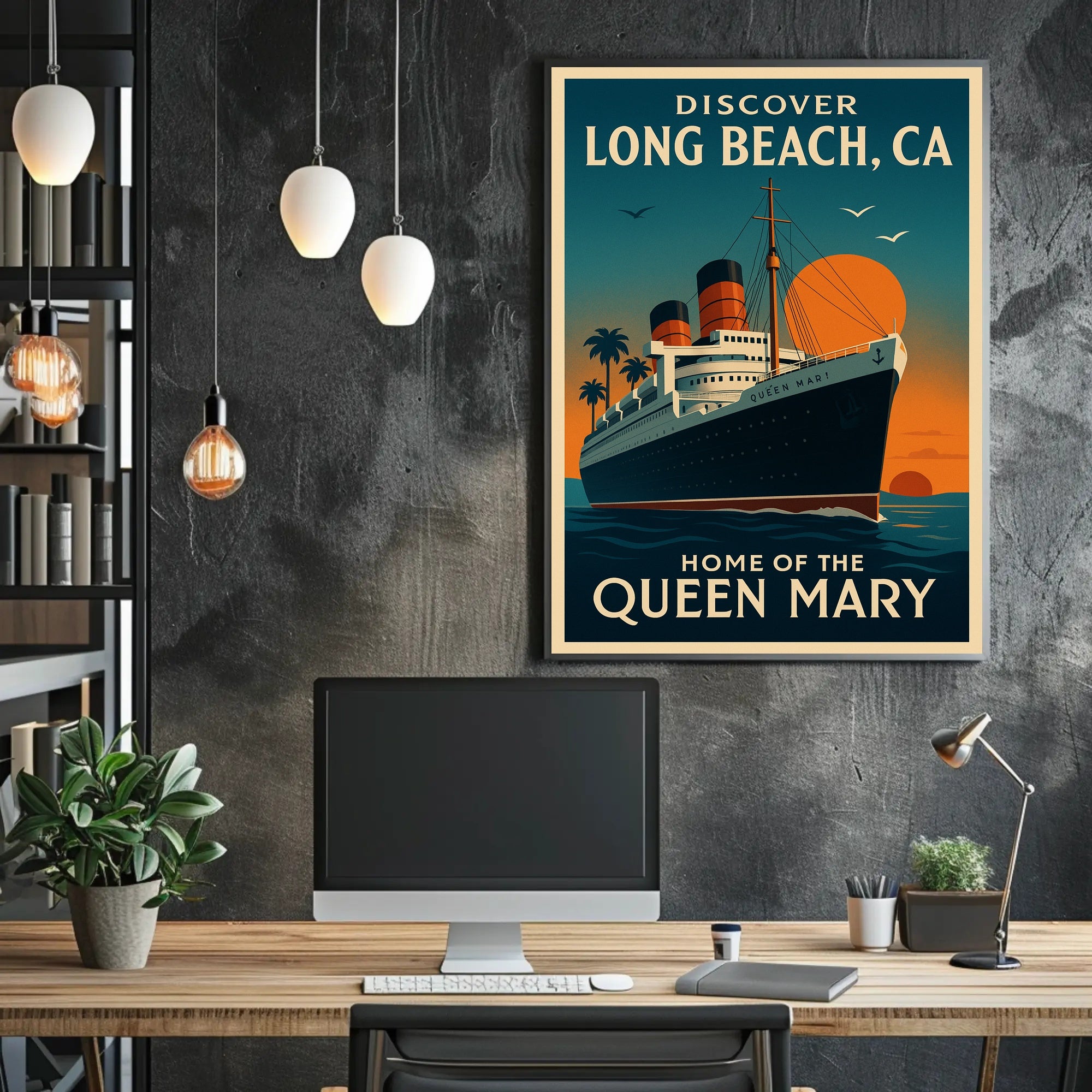 Long Beach Queen Mary Vintage Travel Poster