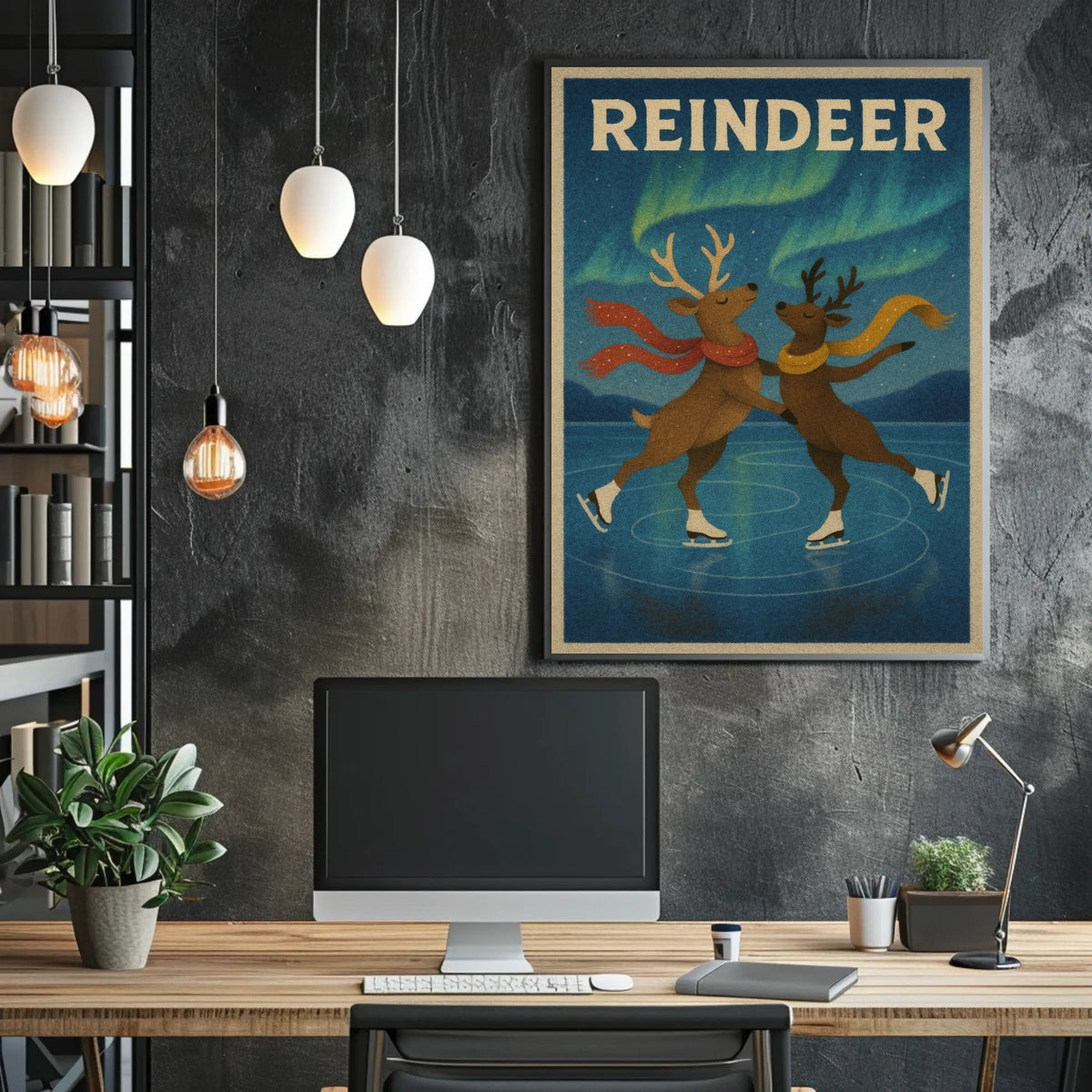 Whimsical Reindeer Ice Skating Under Northern Lights Animal Poster