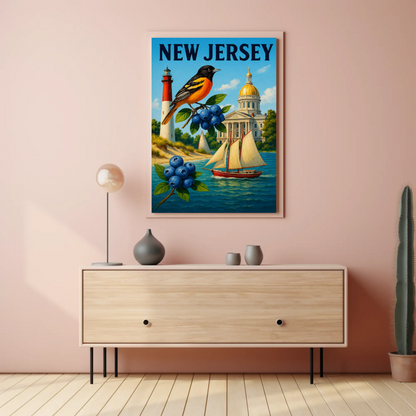New Jersey State Symbols Blueberries Sailboat Bird Travel Poster Travel Poster