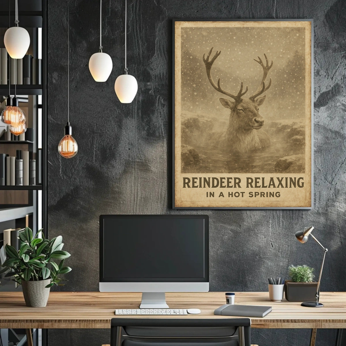 Reindeer Enjoying Hot Spring Vintage Animal Poster
