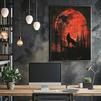 Howling Wolf Blood Moon Forest Art Poster PosterGoat