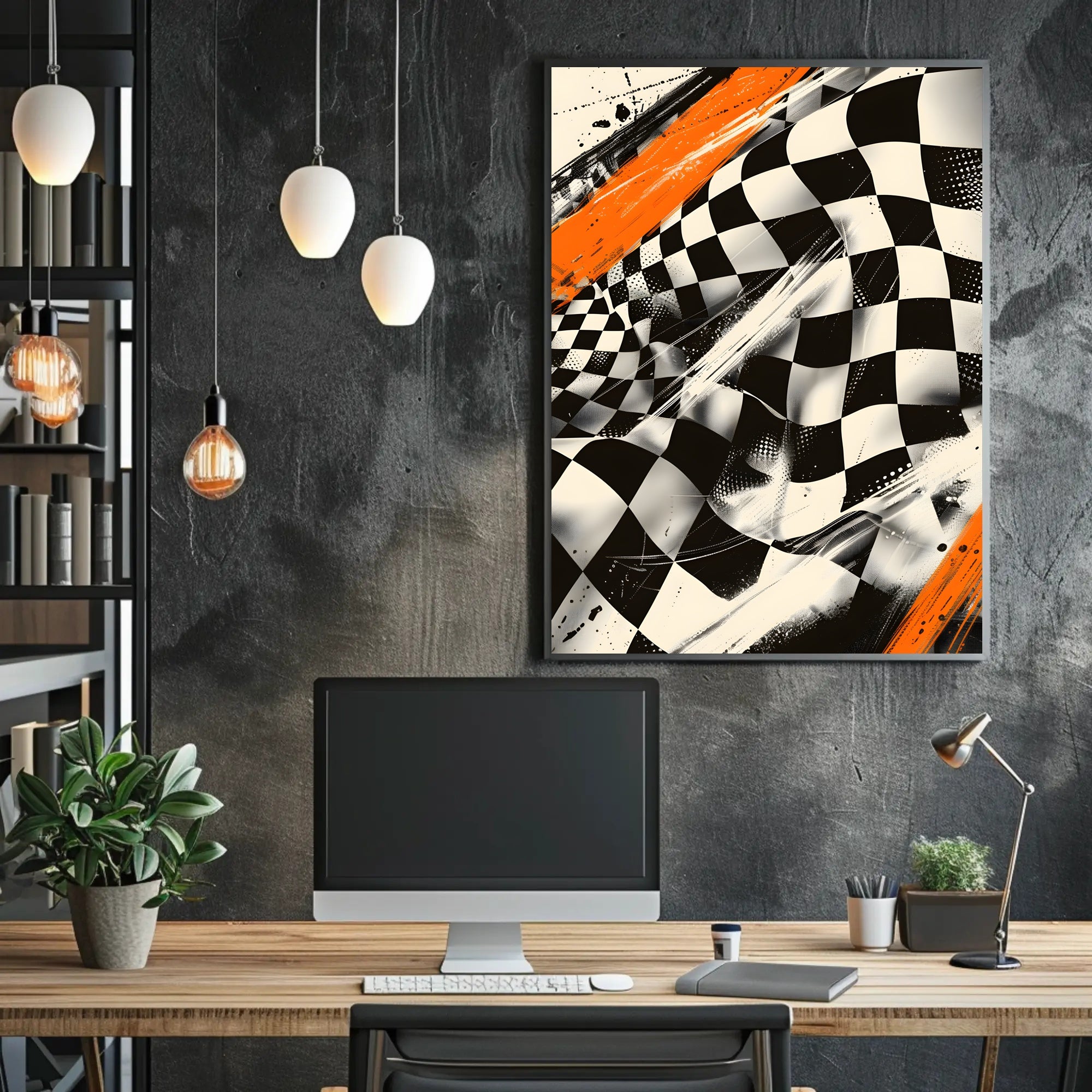 Dynamic Racing Energy: Abstract Poster with Checkered Pattern