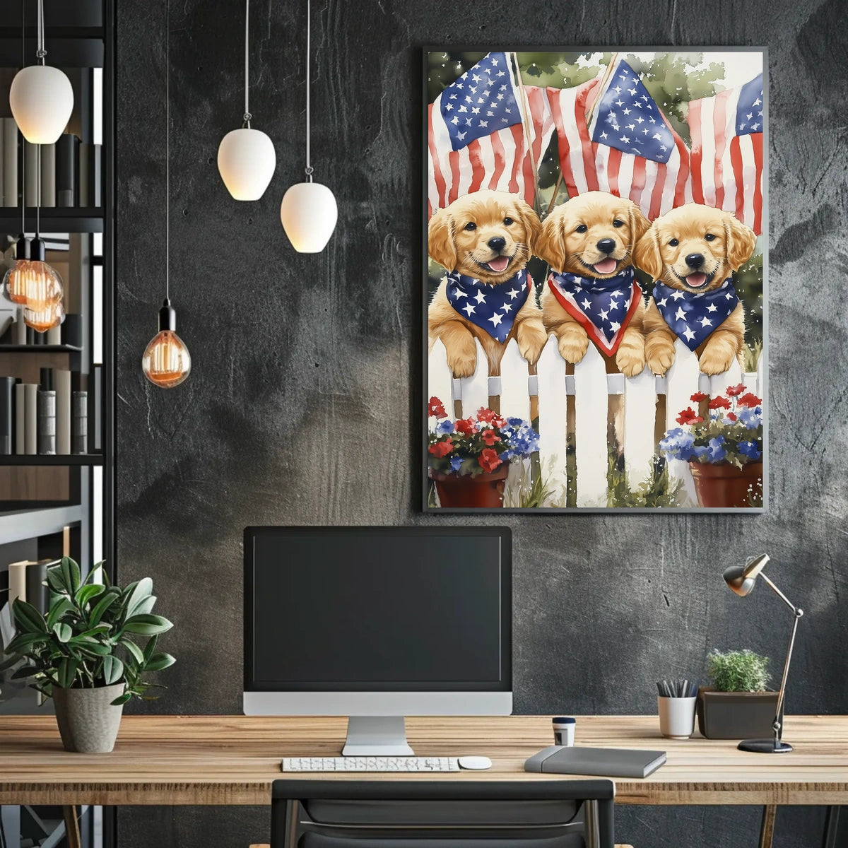 Vibrant Trio Of Golden Retriever Puppies Artwork Poster