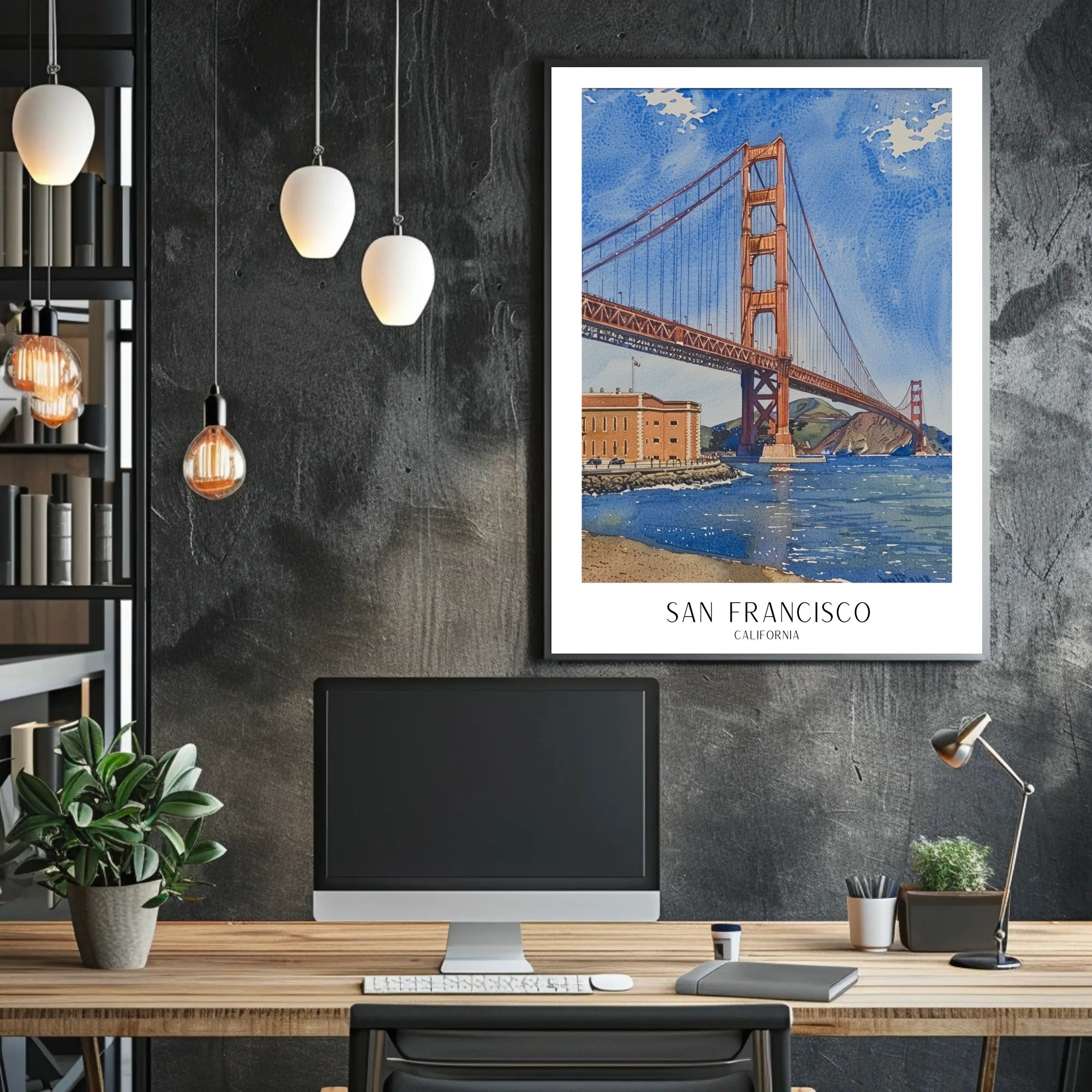 Golden Gate Bridge Watercolor Urban or Cityscape Poster PosterGoat