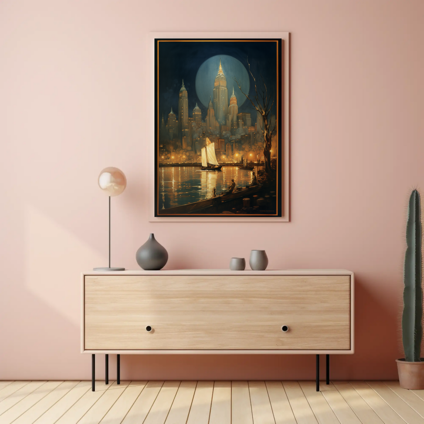 New York City Night Lights and Boat Travel Poster