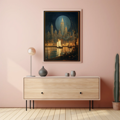 New York City Night Lights and Boat Travel Poster