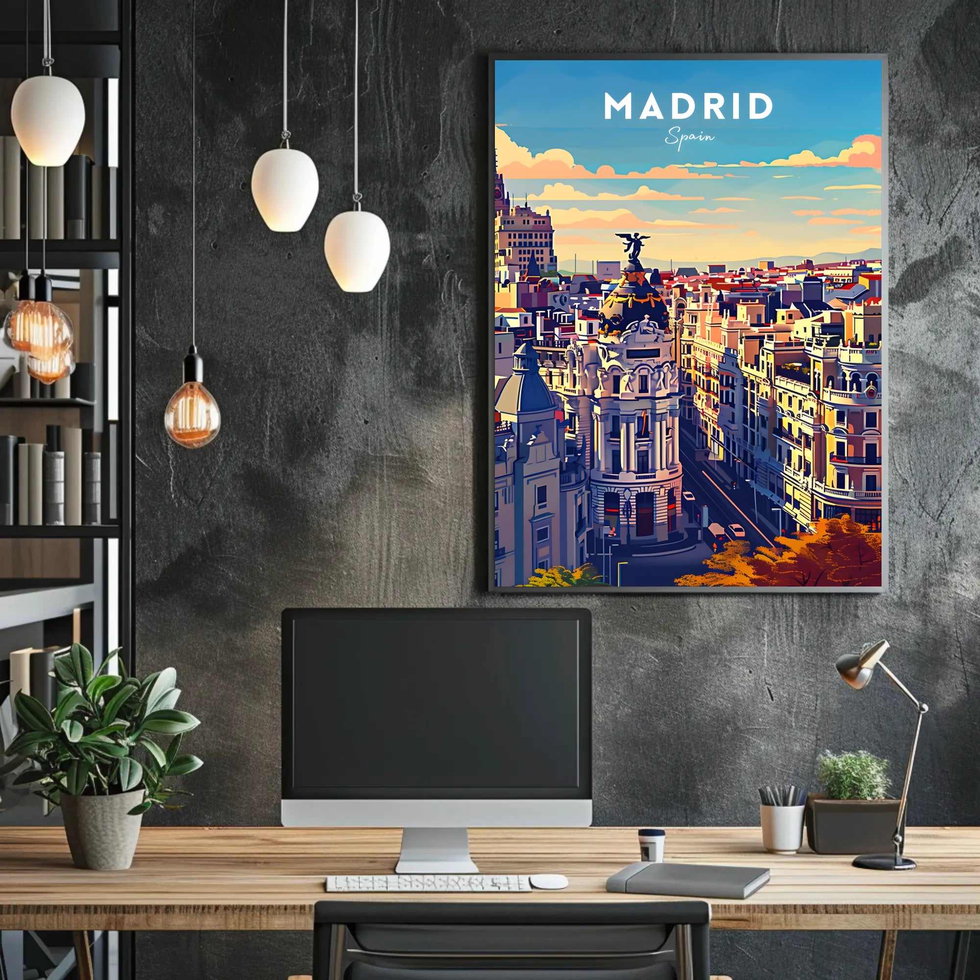 Madrid Skyline at Sunset Modern Travel Poster