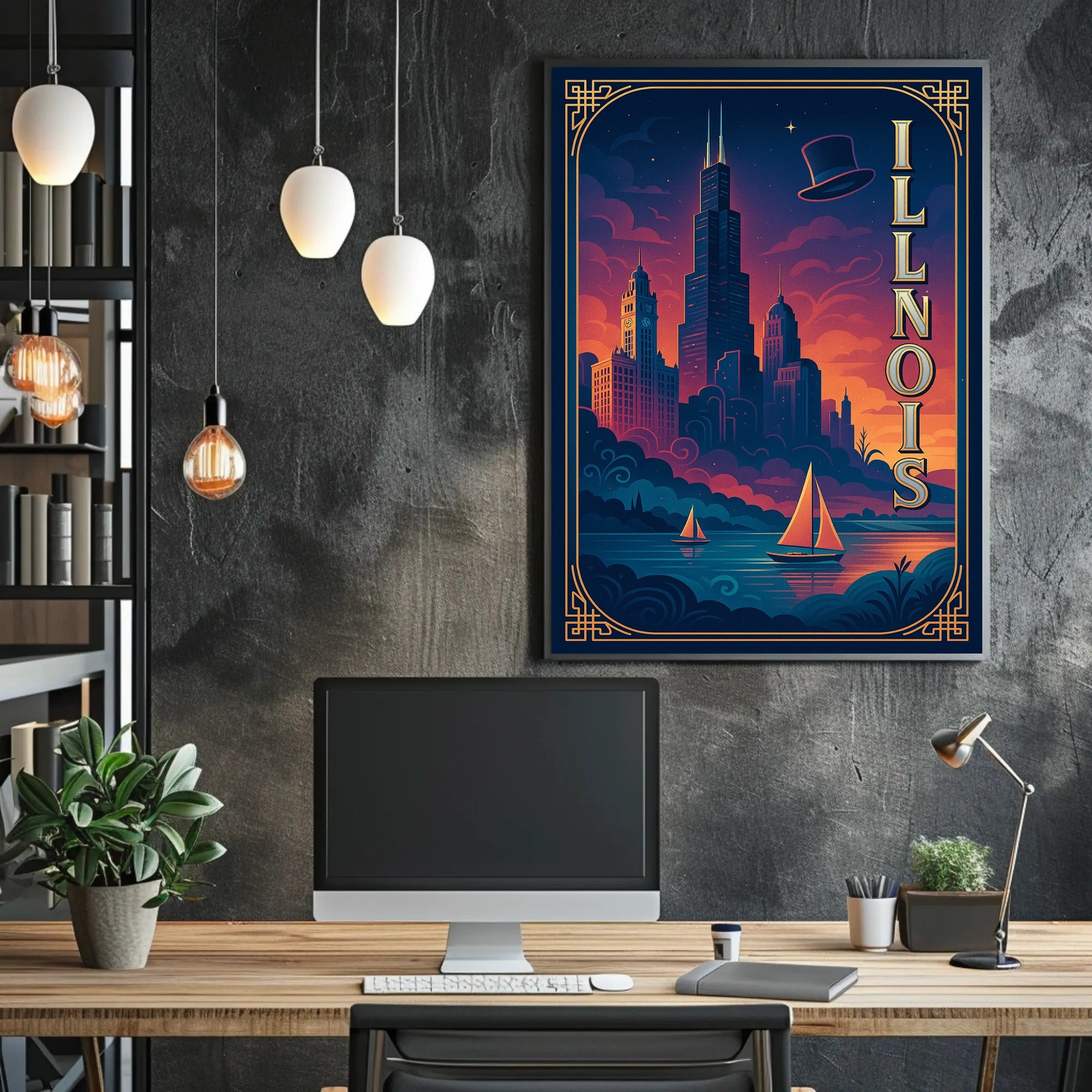 Chicago Cityscape Vintage Art Deco Travel Poster