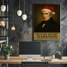 The poster depicts a stylized portrait of William Henry Harrison, the 9th President Travel Poster