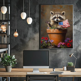 raccoon popping out of a large clay flowerpot Poster