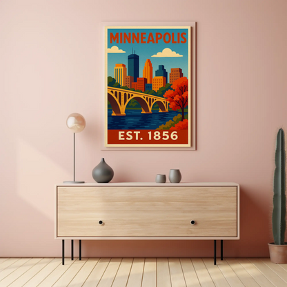 Minneapolis Autumn River Bridge View Vintage Travel Poster